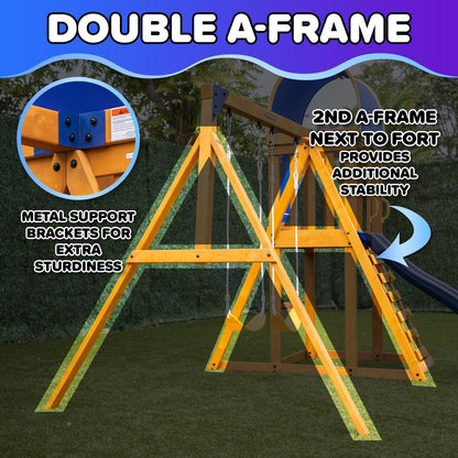 Sportspower Augusta Cedar Wooden Swing Set with Heavy Duty A-Frame & 6ft Double Wall Slide, Bonus Anchor Kit Included