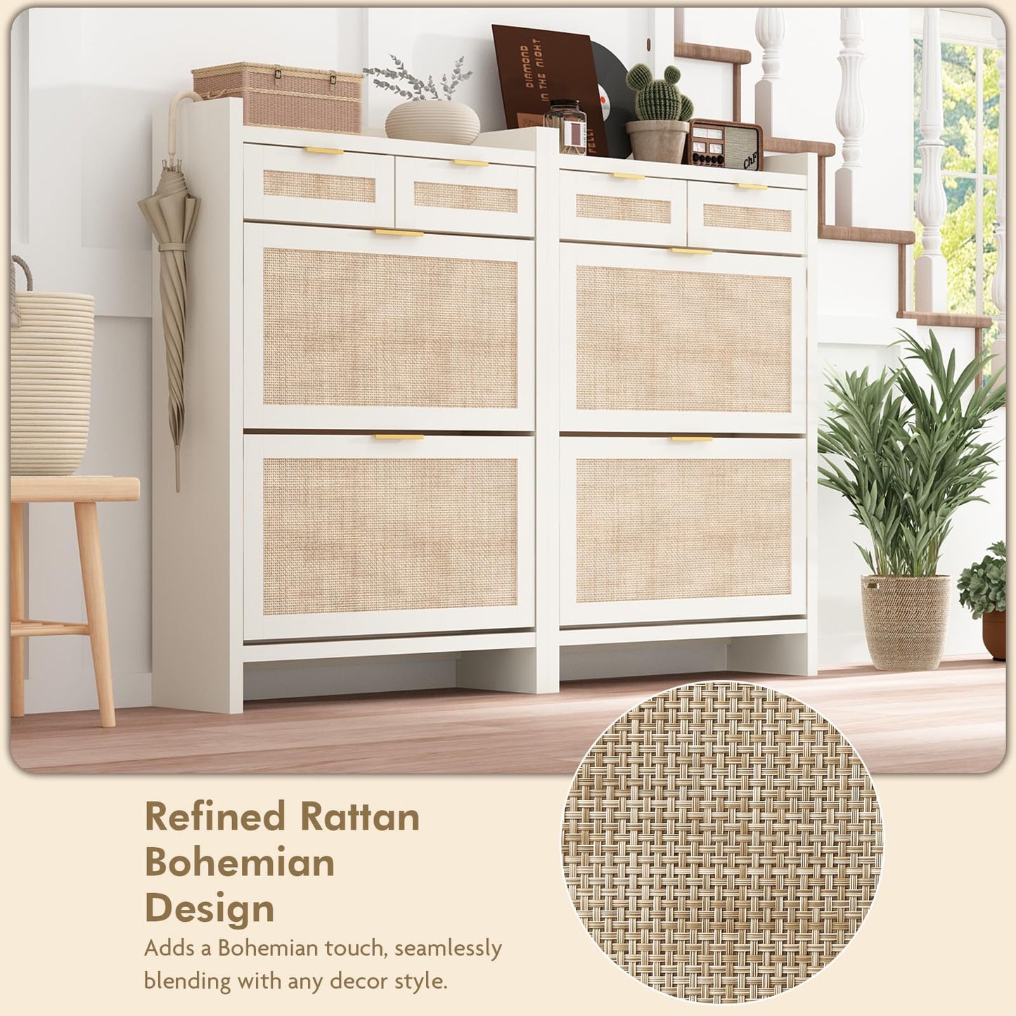 Shoe Organizer Cabinet Storage for Entryway - Slim Rattan Shoe Rack for Front Door Entrance, Narrow Hidden Shoe Cabinet with Flip Drawers, Boho Shoe Holder Cabinet，Two Doors, White, Set of 2