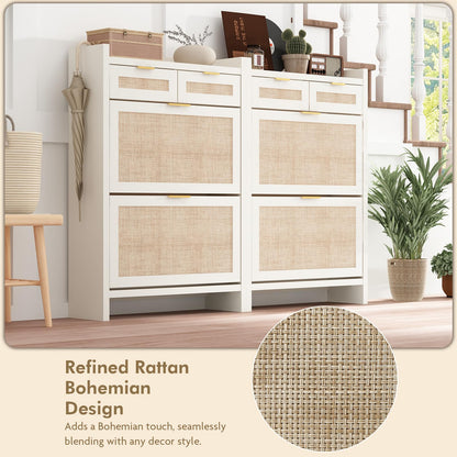 Shoe Organizer Cabinet Storage for Entryway - Slim Rattan Shoe Rack for Front Door Entrance, Narrow Hidden Shoe Cabinet with Flip Drawers, Boho Shoe Holder Cabinet，Two Doors, White, Set of 2