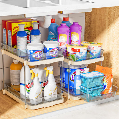 Delamu 2-Tier Multi-Purpose Bathroom Under Sink Organizers and Storage, Stackable Kitchen Pantry Organization, Pull Out Medicine Cabinet Organizer with Movable Dividers, White, 2 Pack