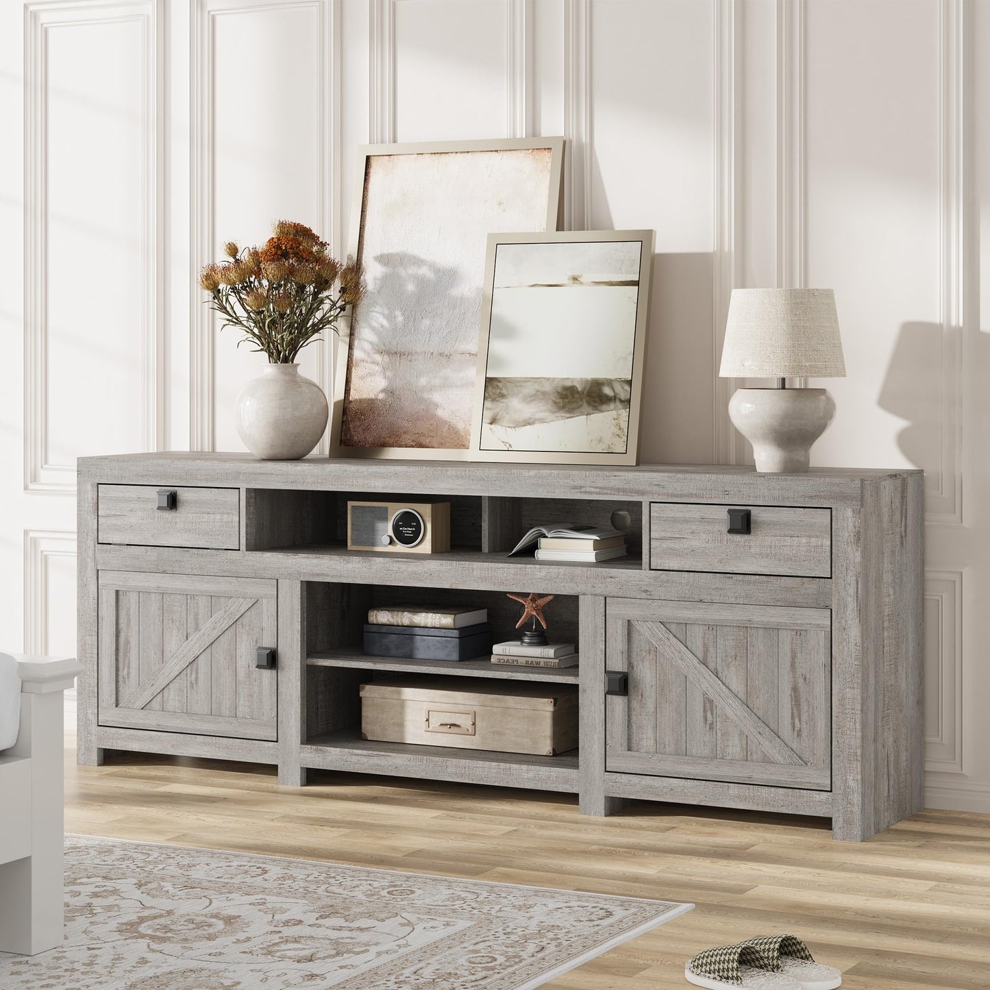 Farmhouse TV Stand for 75/80 Inch TVs, Long Entertainment Center with 4 Storage Drawers & 3 Open Shelf, Grey Television Consoles Stands for Living Room, Bedroom