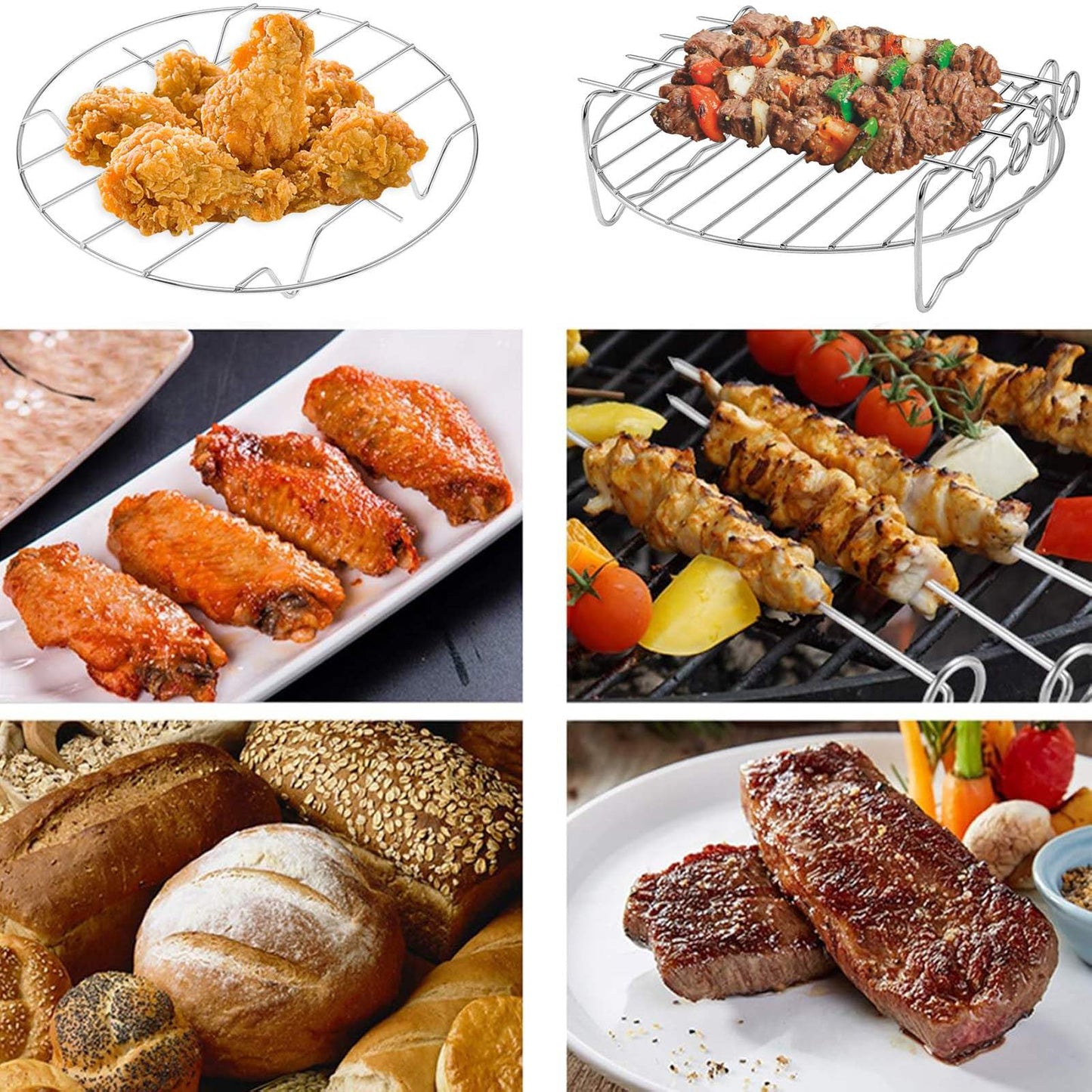 Air Fryer Racks Set 3PC, 6 inch Stainless Steel Layer Racks Air Fryer Accessories, Kitchen Multipurpose Double Layer Racks with Skewer Round Cooking Rack Toast Rack,Fits Most 2.5QT or Above Air Fryer