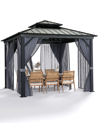 10'X10' Hardtop Gazebo, Galvanized Steel Aluminum Frame with Double Roof, Heavy-Duty Outdoor Patio Gazebo with Curtains & Netting for Backyard, Deck, Porch, Garden, Lawn, Grey