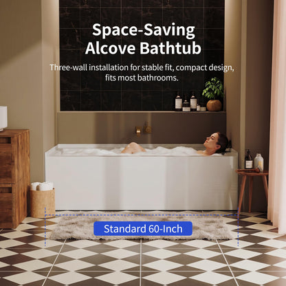 DeerValley 60" x 30" Alcove Acrylic Bathtub, Left Drain Integrated Apron Soaking Bath Tub, Ergonomic Deep Soak Tub with Pop-Up Drain and Integrated Overflow System, White, DV-1T0195L