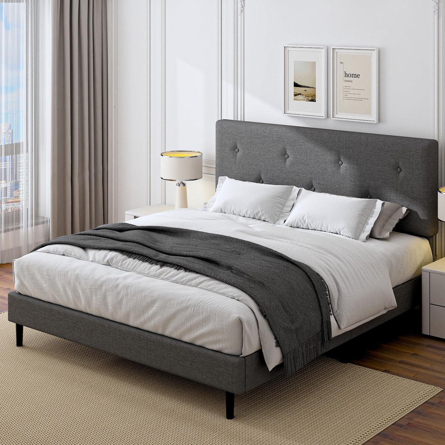 Mxhtcewz King Size Linen Bed Frame, Upholstered Platform Bed Frame with Adjustable Headboard, Wooden Slats Support, No Box Spring Needed, Easy Assembly, Grey