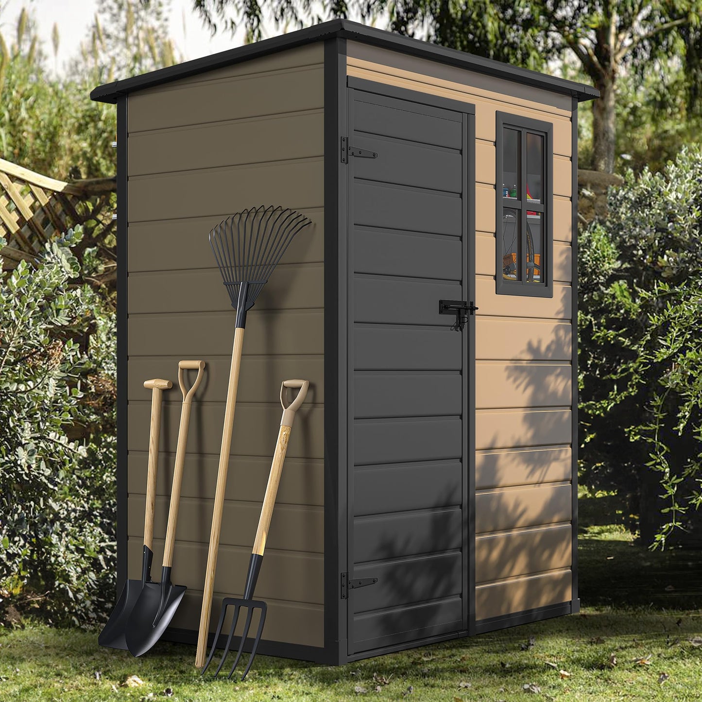 DWVO 5x3 FT Outdoor Storage Shed with Floor, All-Weather Resin Storage Shed with Lockable Door & Window, Waterproof Plastic Tool Storage for Garden, Backyard, Patio, Lawn, Brown