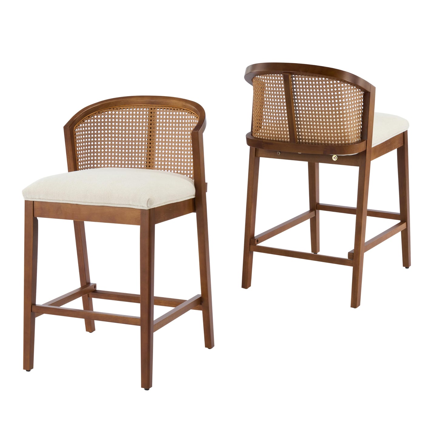 Christopher Knight Home JENA Rattan Counter Stools Set of 2, Counter Height Bar Stools for Bar Table, Rubberwood Frame with Upholstered Barstools, Wood Accent Chair with Footrest, Beige + Walnut
