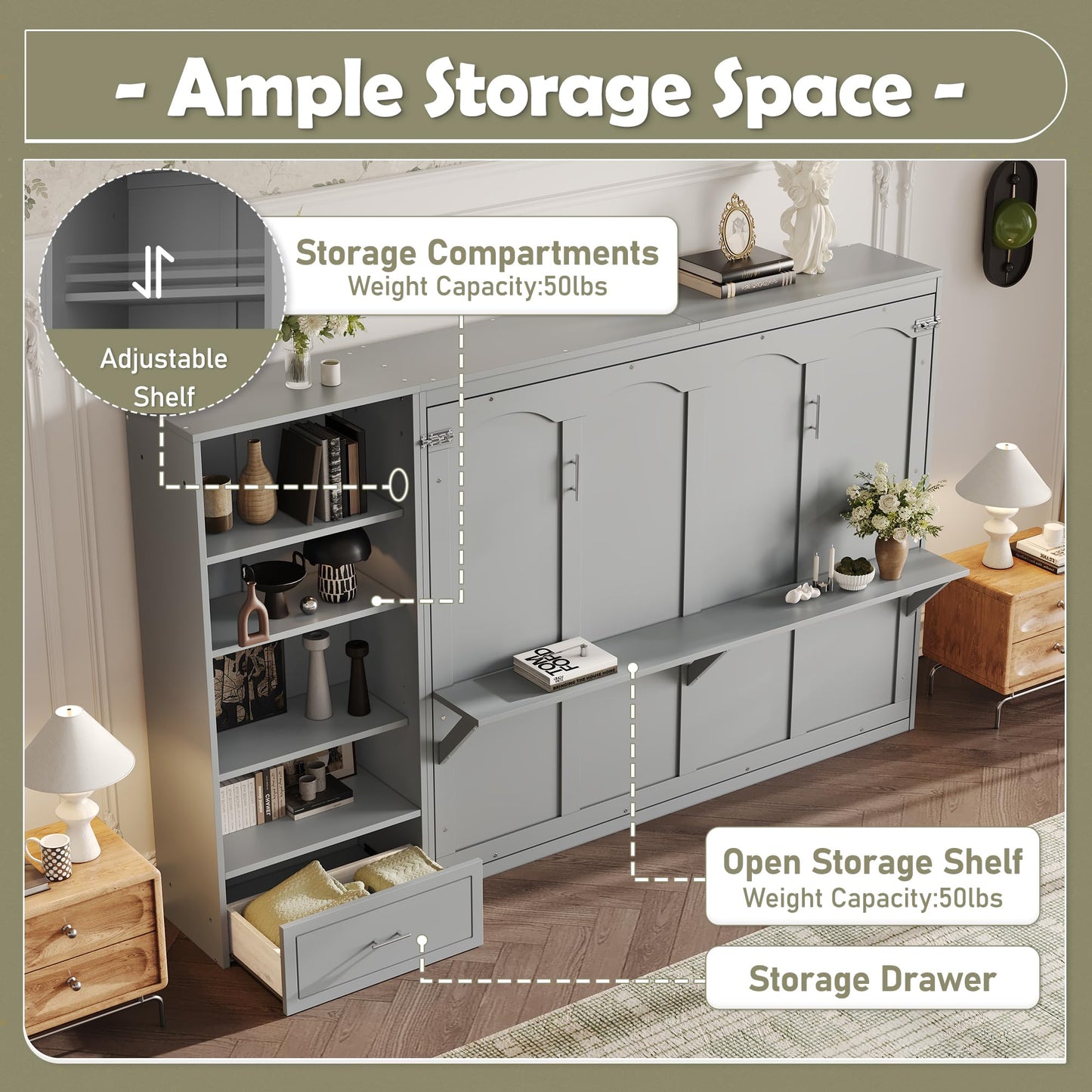 Merax Queen Murphy Bed with 3 Height Adjustable Storage Shelves & 1 Drawer, Wall Bed Frame Multifunctional Foldable Platform Bed for Small Space, Bedroom, Guest Room, Bear 500LBS (Gray)