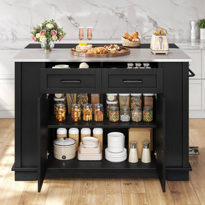 DWVO Kitchen Island w Stainless Steel Top Drop Leaf Bar Seating Power Outlet, 47" Portable Rolling Mobile Center Islands w Folding Dropleaf Storage Drawer Cabinet Wheel Counter Height Metal Top, Black