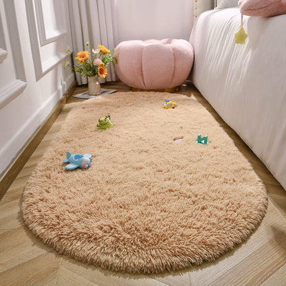 2.6' 5.3', LOCHAS Bedroom Rug x Beige Fluffy Shaggy Area Rug for Bedroom Bedside, Soft Oval Throw Rugs Carpet for Kids