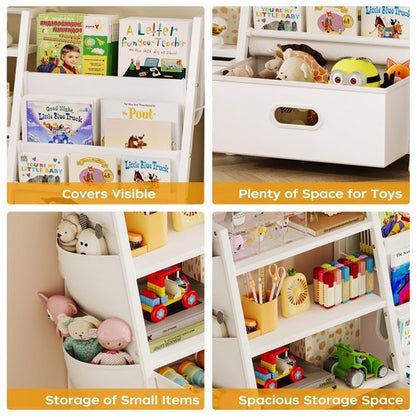 Homeiju Kids Bookshelf and Toy Storage Organizer, 3 Tier Kids Bookcase, Sling Bookshelf and 2 Toy Bins with Toy Storage Organizer for Children Room, Playroom, Nursery, White