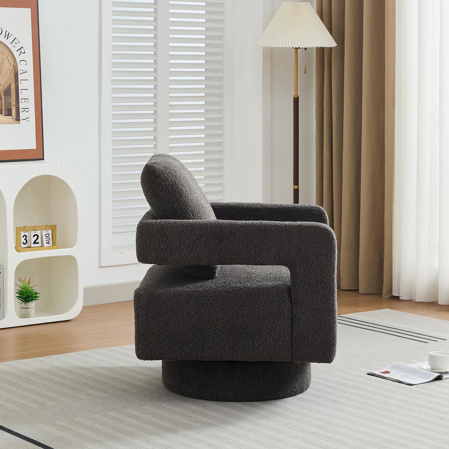 GDFStudio 29.13" Swivel Accent Chair, Modern Boucle Upholstered Armchair with Open Back, 360° Rotating Lounge Club Chair with Removable Cushion for Living Room Bedroom Hotel Office Seating, Charcoal