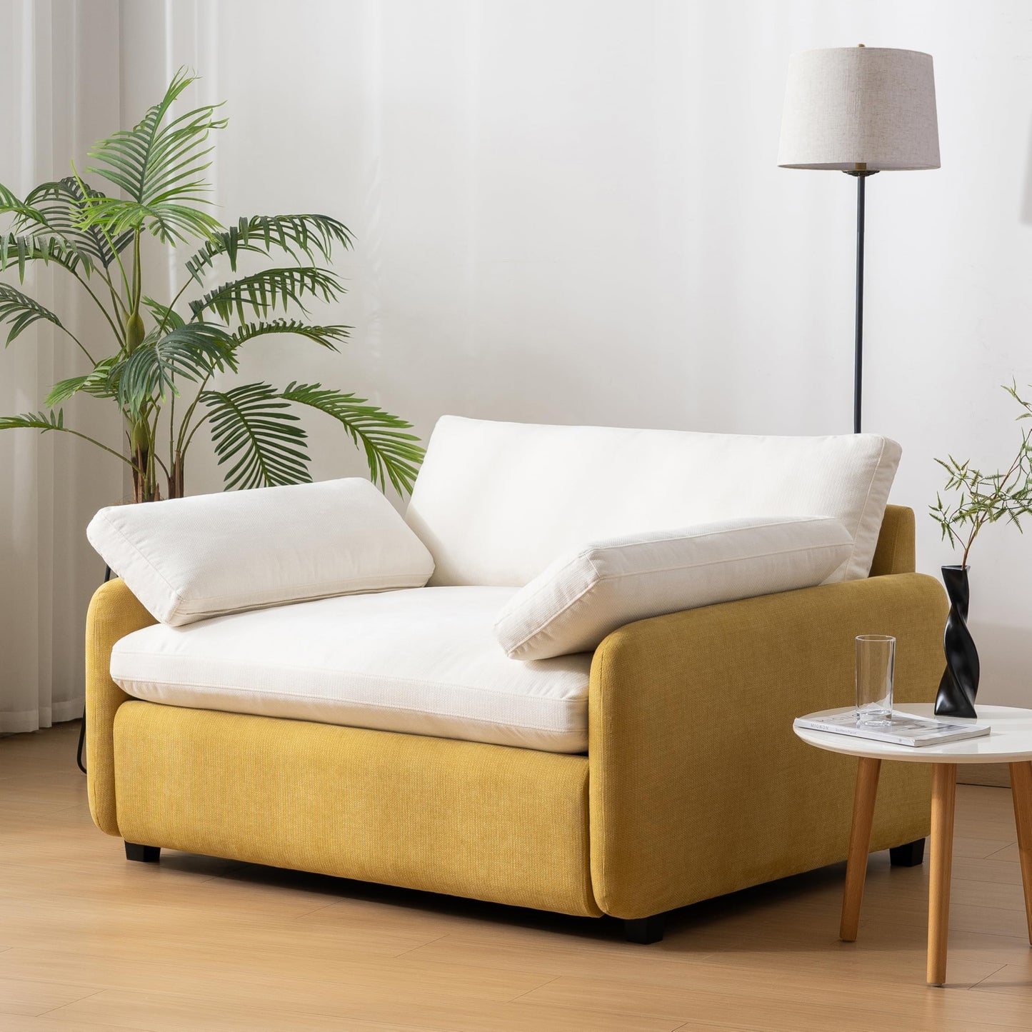 GDFStudio 50" Oversized Accent Chair, Modern Chenille Upholstered Armchair with 2 Pillows & Solid Frame, Deep Wide Seat Cloud Comfy Single Sofa Reading Chair for Living Room Apartment, Yellow+Cream