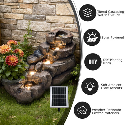 Pivotify 38.2" L Solar Water Fountain Outdoor,5-Tier Rock Waterfall Fountains Solar Powered Floor Standing Outdoor Water Feature with LED Lights for Patio, Garden,Porch, Yard, Home Art Decor（Brown）