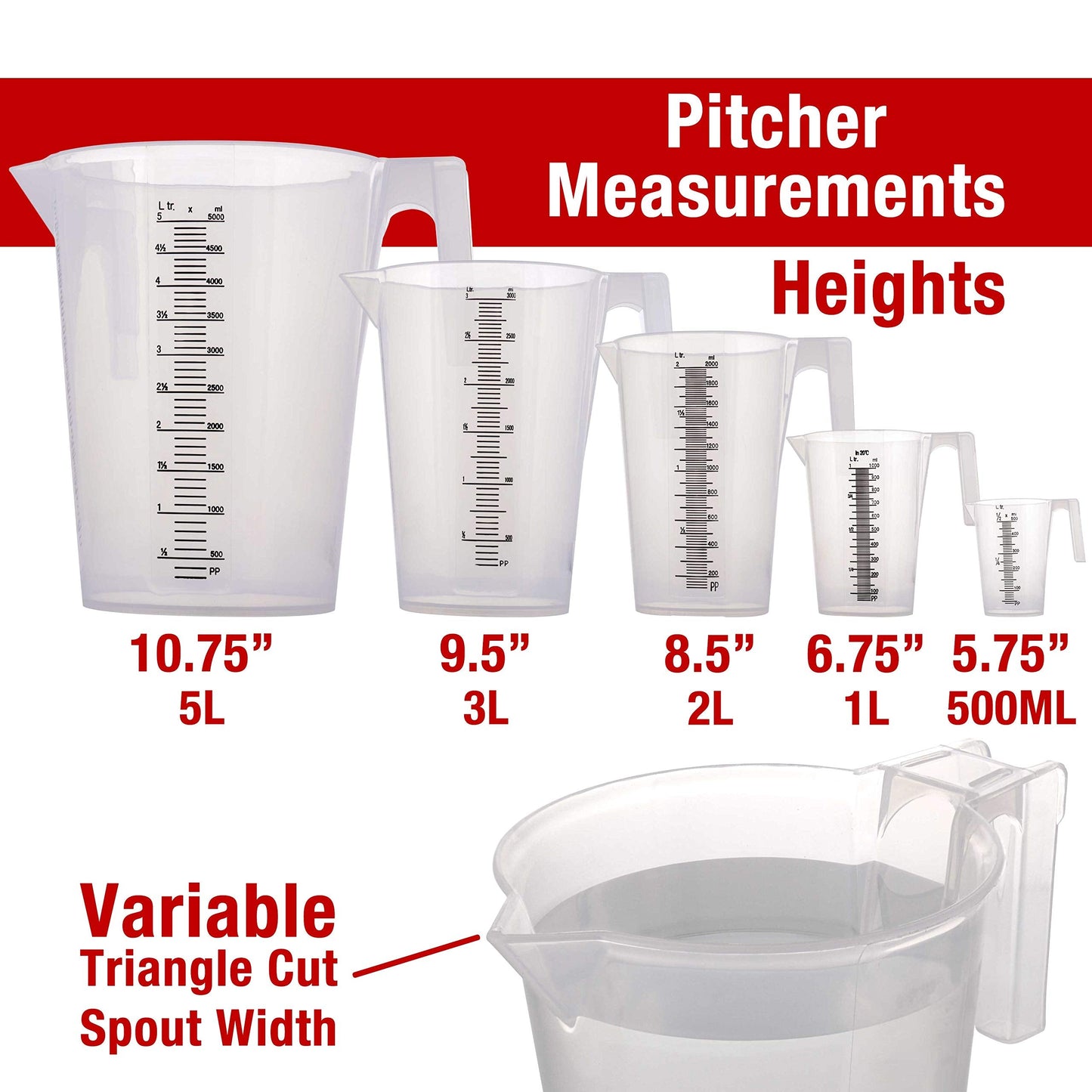 TCP Global 5 Piece Set of Plastic Graduated Measuring and Mixing Pitchers - 500, 1000 Quart, 2000, 3000, 5000 ml Gallon Sizes - Pouring Cups, Measure & Mix Paint, Resin, Epoxy, Kitchen Cooking Baking