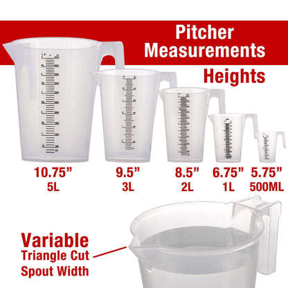 TCP Global 5 Piece Set of Plastic Graduated Measuring and Mixing Pitchers - 500, 1000 Quart, 2000, 3000, 5000 ml Gallon Sizes - Pouring Cups, Measure & Mix Paint, Resin, Epoxy, Kitchen Cooking Baking