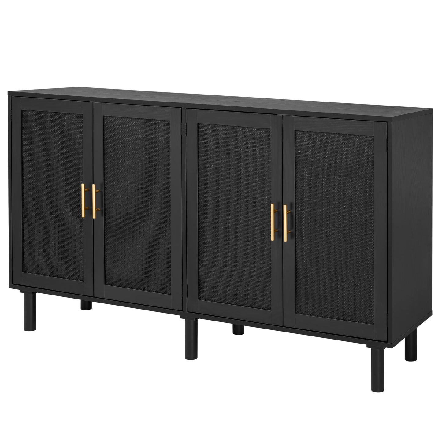 Finnhomy 4 Door Sideboard Buffet Cabinet, Kitchen Storage Buffet with Black Painted Rattan Decorated Doors, Cupboard Console Table, Boho Accent Liquor Cabinet, 62.3X 15.7X 34.6 Inches, Full Black