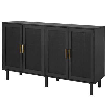 Finnhomy 4 Door Sideboard Buffet Cabinet, Kitchen Storage Buffet with Black Painted Rattan Decorated Doors, Cupboard Console Table, Boho Accent Liquor Cabinet, 62.3X 15.7X 34.6 Inches, Full Black