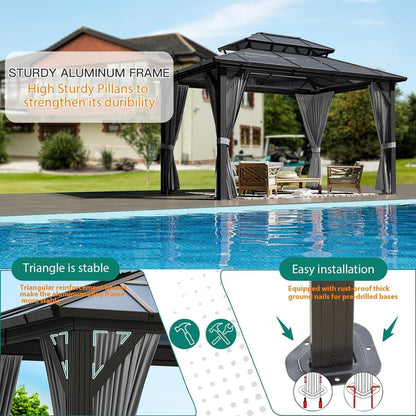 Hardtop Gazebo 10'x12' Double-Layer Polycarbonate Double Roof, Aluminum Frame Pavilion with Privacy Curtains and Netting All-Season for Patio, Garden, Hot Tub & Backyard