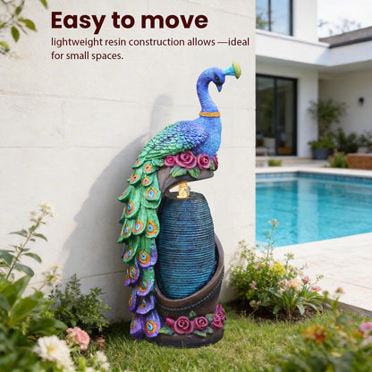 Tankana Outdoor Water Fountain 32" H Cascading Peacock Waterfall Fountain with LED Lights & Pump Tiered Water Feature for Garden, Patio, Backyard, Deck, and Porch Decor
