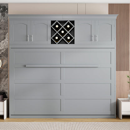Merax Queen Size Murphy Bed, Foldable Wall Bed with Storage Cabinet, Dual Piston Metal Mechanism & Wooden Slats, No Box Spring Needed, Space-Saving for Small Apartment, Studio, Guest Room, Gray