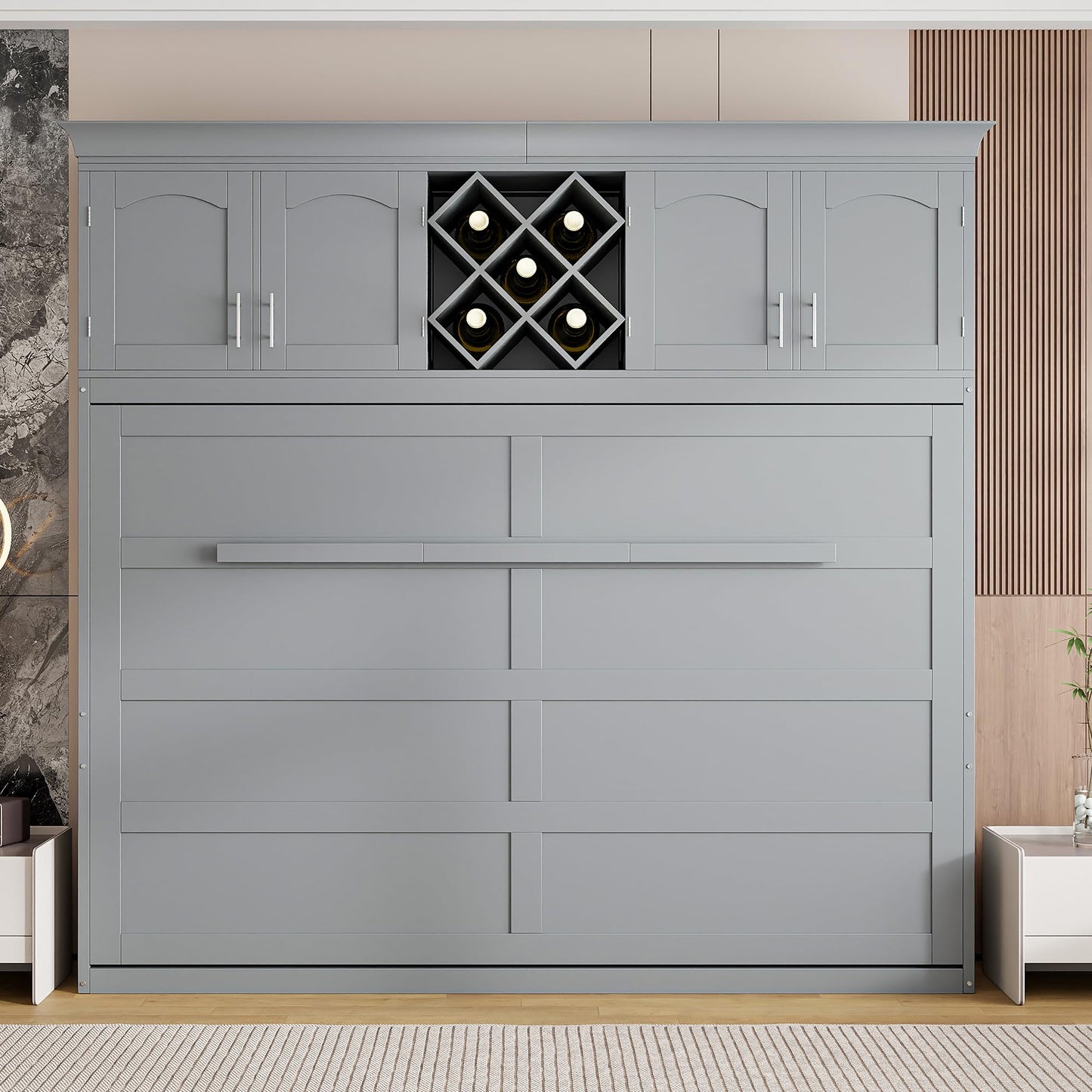 Murphy Bed Queen Size,Murphy Bed with Top Cabinets & Wine Rack,Space-Saving Hideaway Wall Foldable Bed w/Dual Piston Metal Folding Mechanism,Bedroom Folding Bedframe for Guest Room,Gray