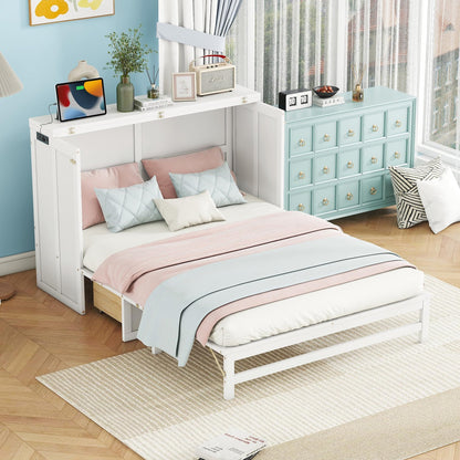 PVWIIK Queen Size Murphy Bed with Drawer for Bedroom/Living Room/Small Space,Cabinet Bed Frame/Space Saving Design, No Box Spring Needed,White