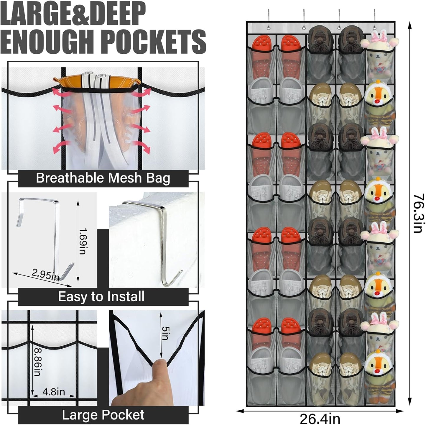 40 Large Over the Door Shoe Organizer | Gray Mesh Pockets Hanging Shoe Rack for Closet, Nonslip Holder for Shoes