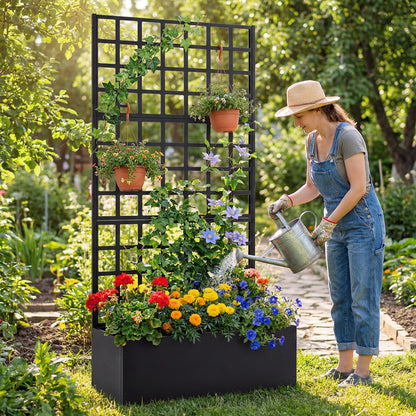 Giantex 2 Pack Metal Raised Garden Bed with Trellis, 71"x36"x16" Galvanized Planter Box w/Drainage Holes for Climbing Plants Vegetables Flowers, Outdoor Privacy Screen for Patio Backyard Balcony