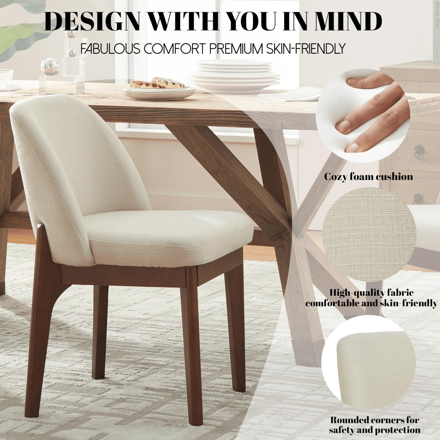 VKNOW Wooden Dining Chairs Set of 4, Upholstered Dining Room Chairs with Rubberwood Legs and Padded Seats, Kitchen Chairs for Restaurant Kitchen Living Room, Beige