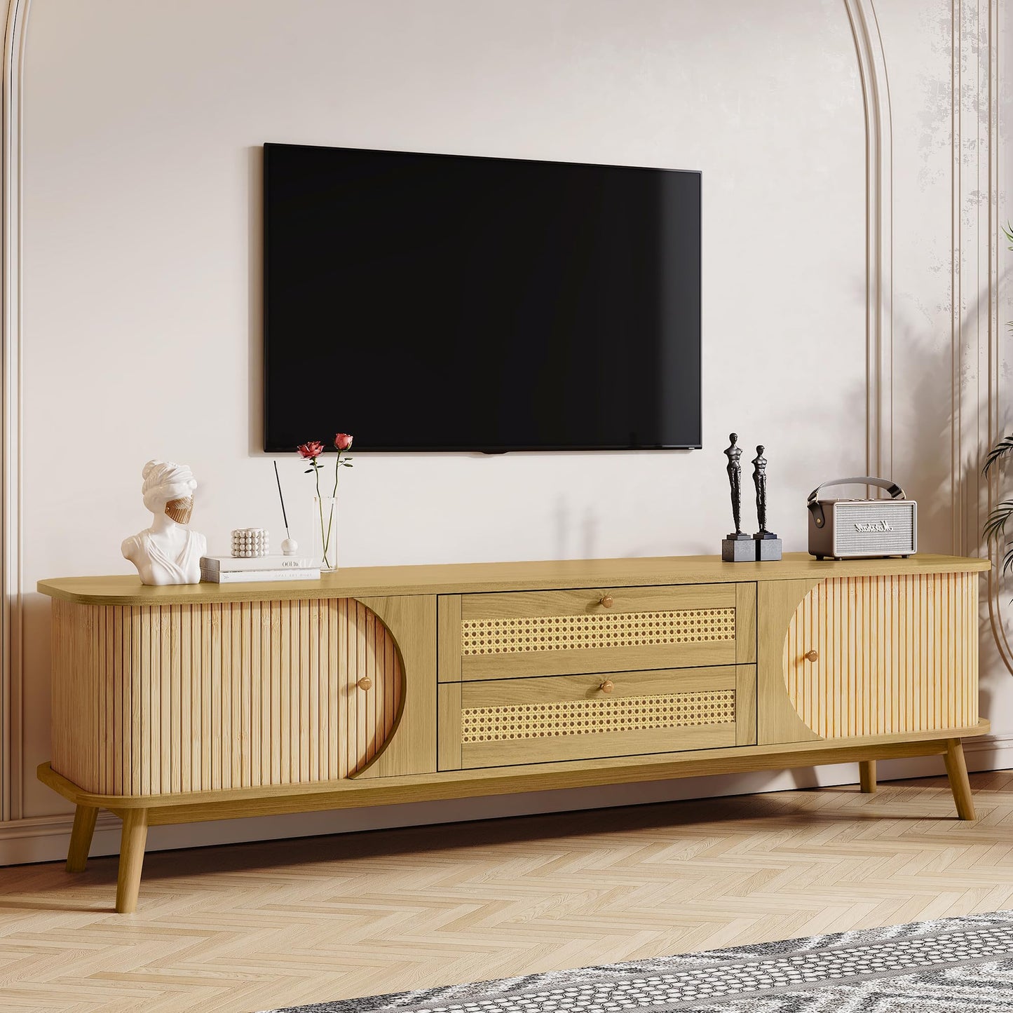 Merax Rattan TV Stand for TVs up to 75", Modern Farmhouse Media Console with Multi-Functional Storage, Boho Entertainment Center with Solid Wood Legs, Television Cabinet for Living Room, Natural+Wood