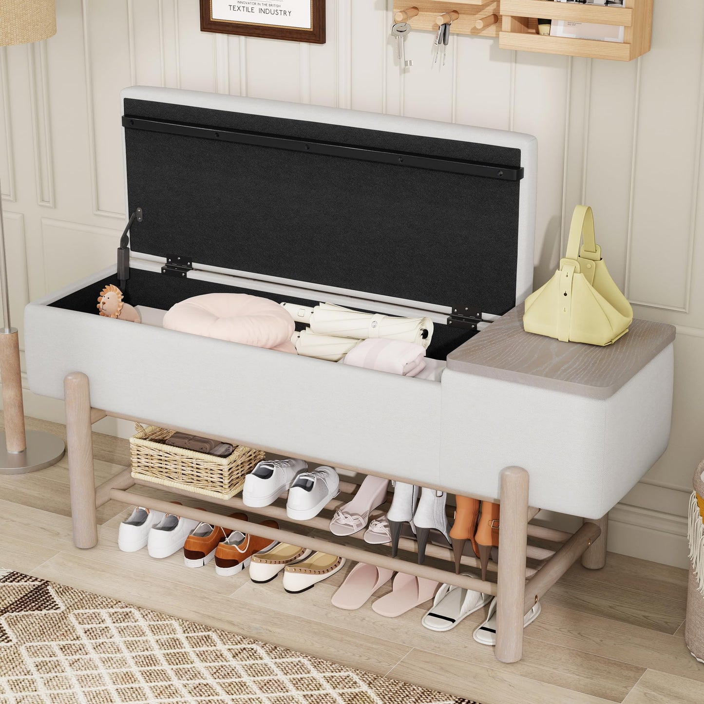 GDFStudio 47.2" Modern Upholstered Shoe Storage Bench with Hidden Compartment and Shoe Rack, Wood Entryway Shoe Organizer Cabinet with Cushion for Bedroom Living Room Hallway, Natural