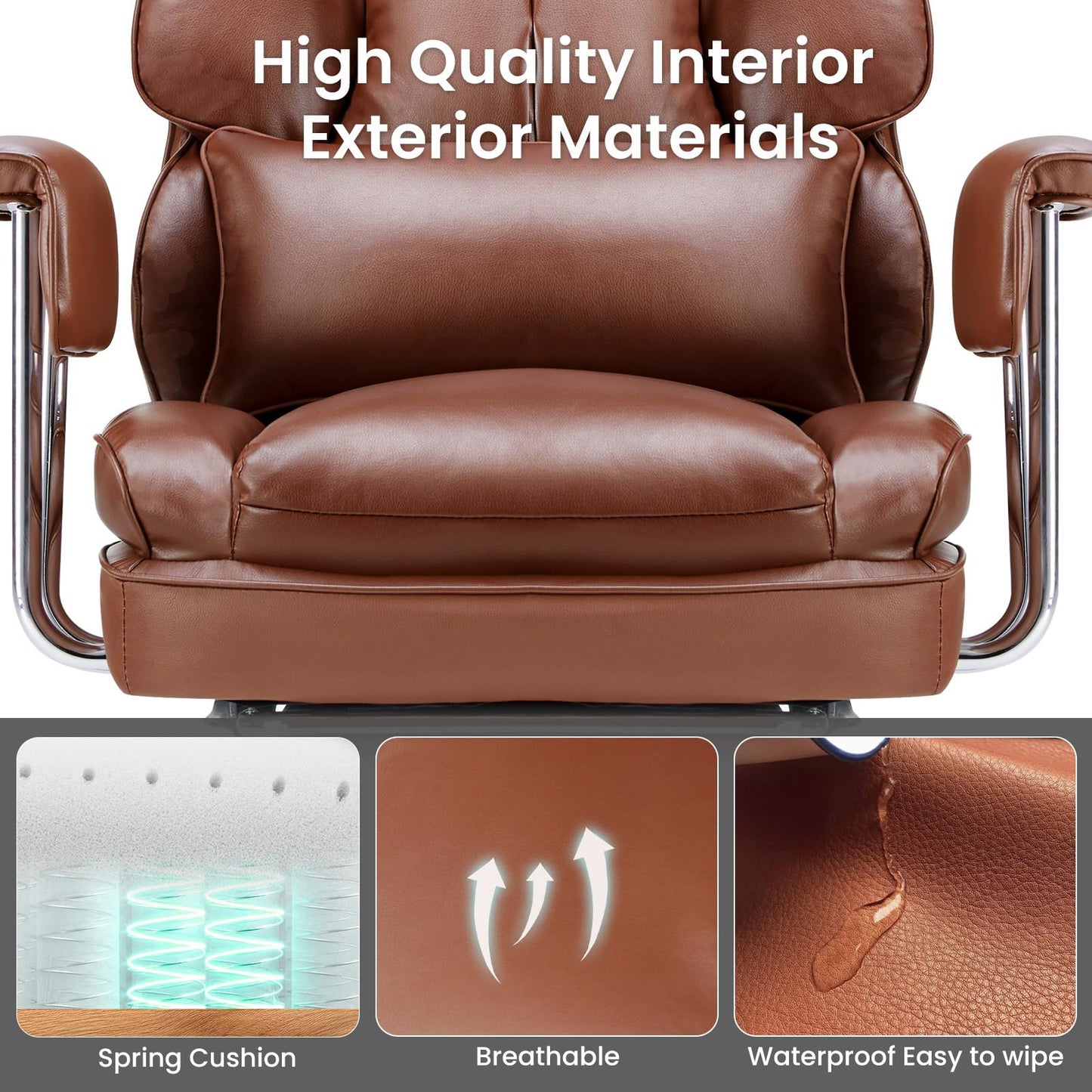 OLIXIS Home Office Desk Chair Comfy with Foot Rest, PU Leather Ergonomic Big and Tall High Back Support, 360° Swivel Wheels, Armrests and Detachable Pillow, Height Adjustable, Brown