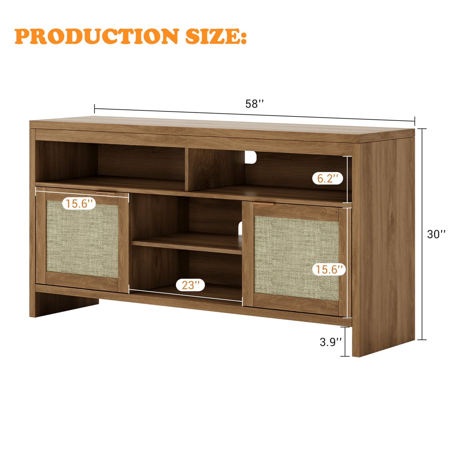 Boho TV Stand for TV up to 65 Inch,58"Modern Rattan Entertainment Center with Storage and Adjustable Shelves,Wooden Media TV Console Cabinet with Doors for Living Room/Bedroom/Apartment/Farmhouse(Oak)