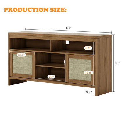 Boho TV Stand for TV up to 65 Inch,58"Modern Rattan Entertainment Center with Storage and Adjustable Shelves,Wooden Media TV Console Cabinet with Doors for Living Room/Bedroom/Apartment/Farmhouse(Oak)