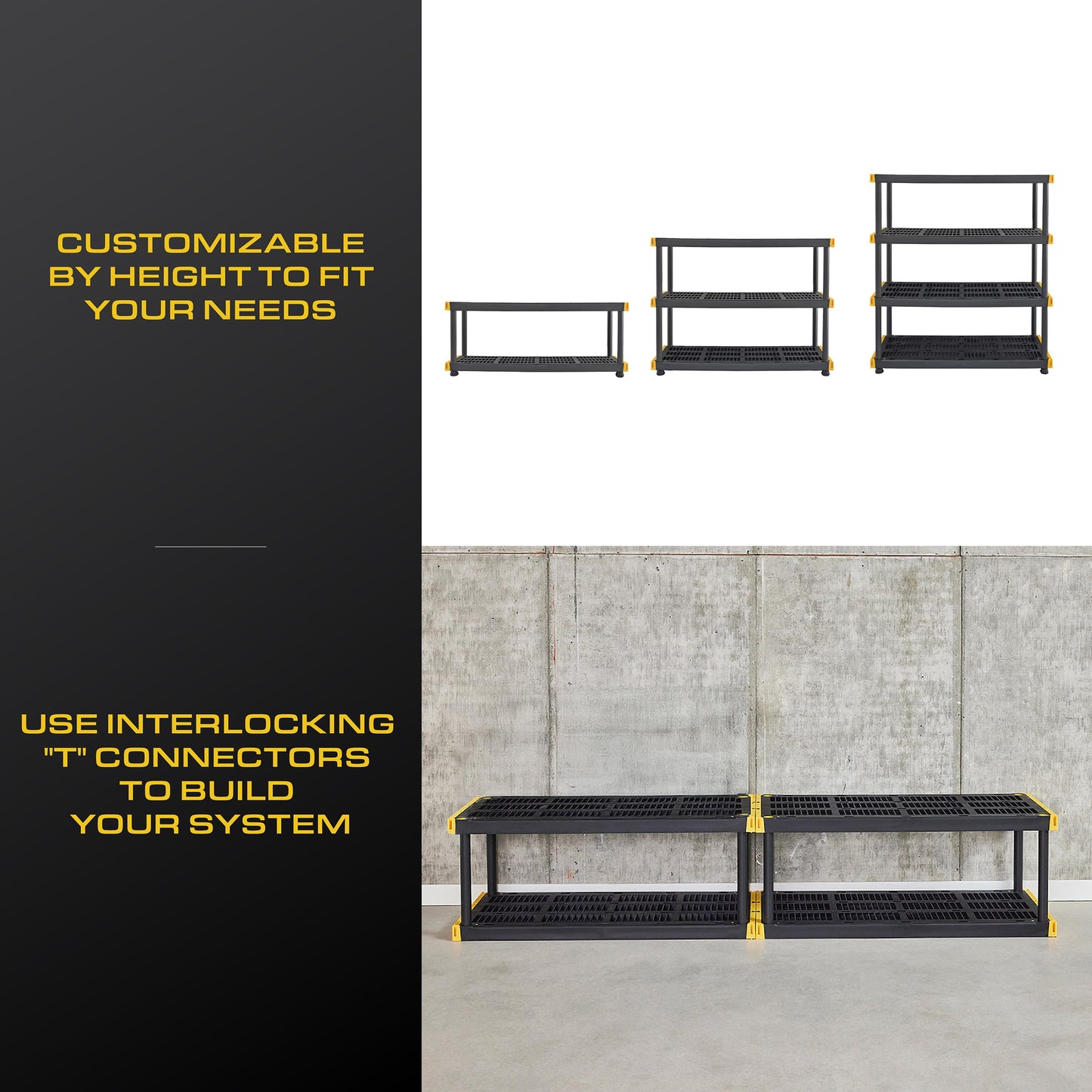 CX Black & Yellow 4-Tier Heavy Duty Storage Shelves and 8 Heavy Duty Storage Bins with Lids, 4 Shelves that Support up to 200lbs/shelf + 27 Gallon Containers (8-Pack), Organization and Storage