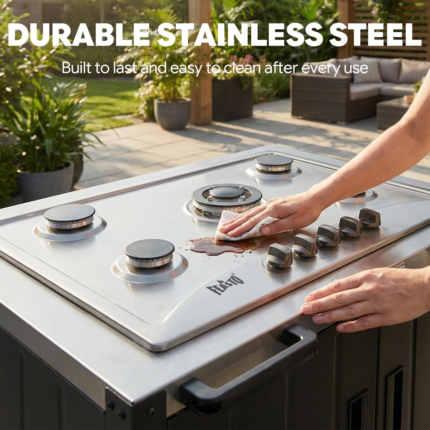 Feasto Gas Grill, Movable Outdoor Gas Stove Stainless Steel Top with Cabinet, 5 Burners with 36,200 BTUs, Outdoor Propane Grill for Outdoor Cooking, Ideal for Lawn & Garden, L35.4 x W24