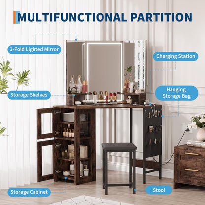 Garvee Corner Vanity Desk and Stool, Corner Makeup Vanity with LED Lighted Mirror Charging Station and Cabinet for Bedroom, Brown