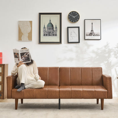 Garvee Modern Futon Sofa Bed, Convertible 75" Sleeper with Adjustable Backrest & Side Pockets, Mid-Century Brown PU Leather