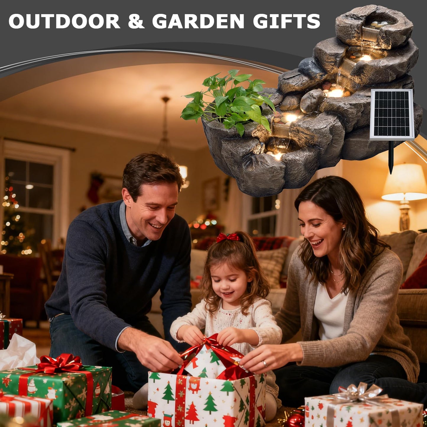 Pivotify 38.2" L Solar Water Fountain Outdoor,5-Tier Rock Waterfall Fountains Solar Powered Floor Standing Outdoor Water Feature with LED Lights for Patio, Garden,Porch, Yard, Home Art Decor（Brown）
