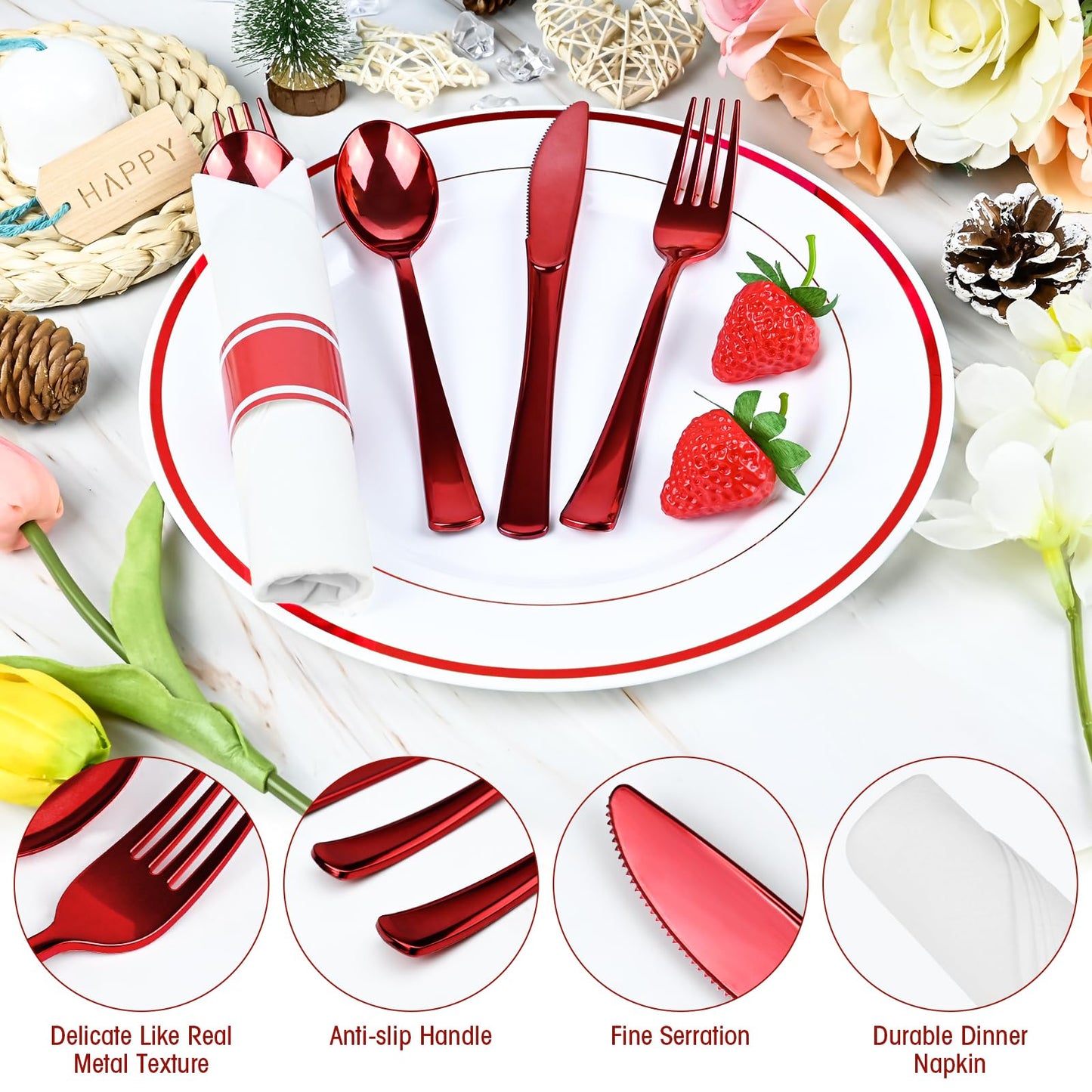 100Pack Red Pre Rolled Plastic Silverware - Wrapped Red Disposable Cutlery with Napkins, Heavy Duty Rolled Plastic Silverware Set, Disposable Utensils with Dinner Napkins for Valentine's Day