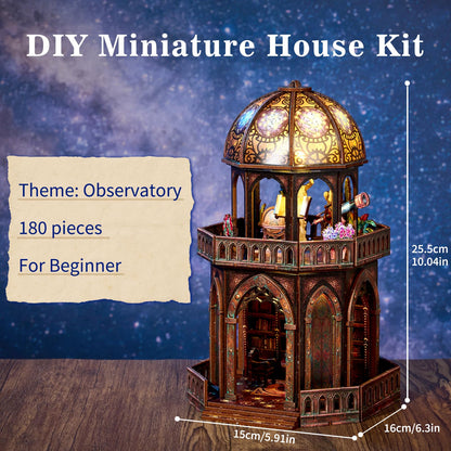 TOYQI Book Nook Mini House Kit, DIY Miniature Dollhouse Booknook for Adults, 3D Wooden Puzzle Bookend Bookshelf Insert Decor, Tiny Stargazing Tower Observatory, Gift for Family and Friends