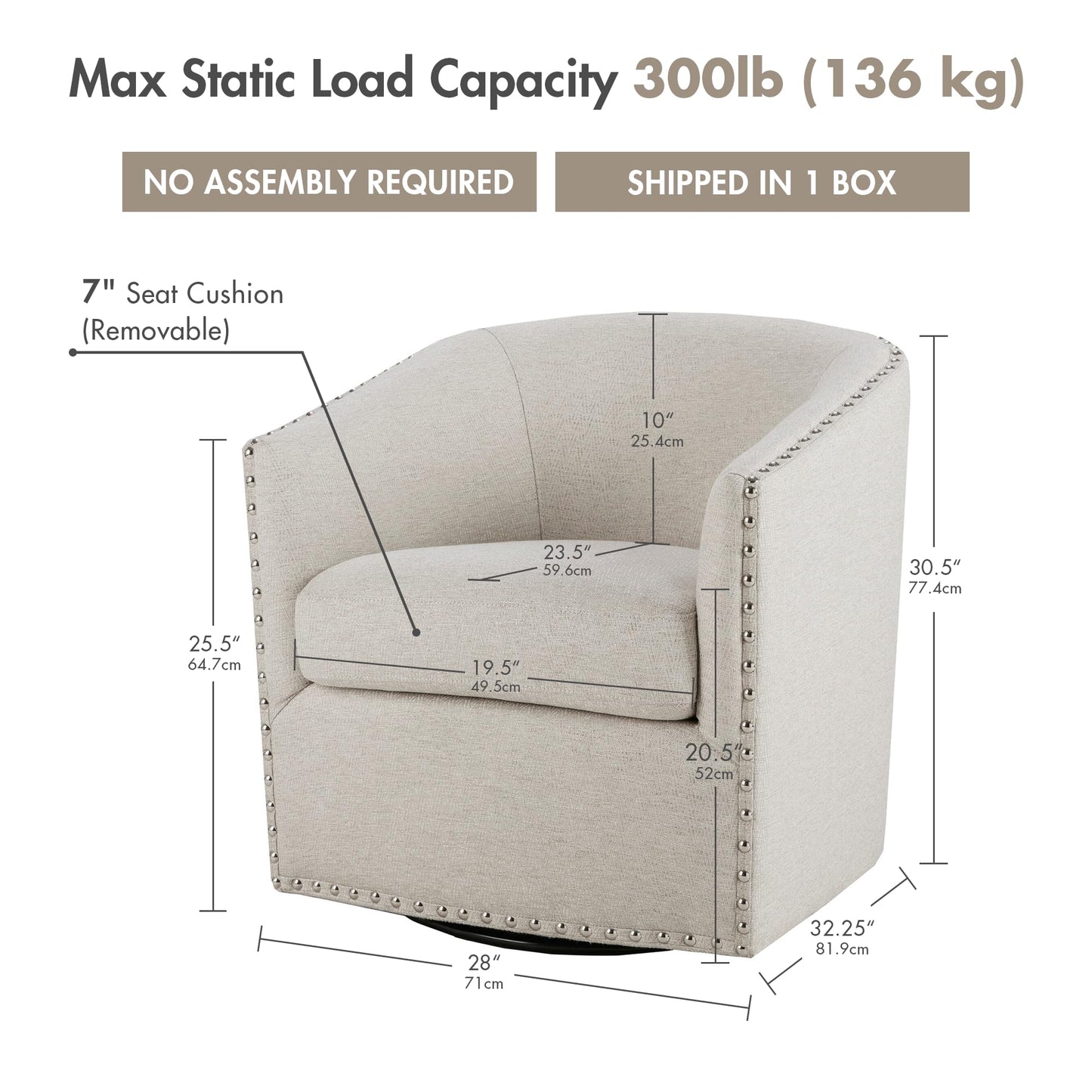 Madison Park Swivel Barrel Accent Chair, Upholstered Curved Back with 7-Inch Thick Woven Cushion, 360° Swivel, Nailhead Trim, Comfy Chair for Living Room, Bedroom, Office, 28" Wide, Neutral, Tyler