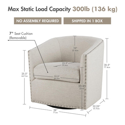 Madison Park Swivel Barrel Accent Chair, Upholstered Curved Back with 7-Inch Thick Woven Cushion, 360° Swivel, Nailhead Trim, Comfy Chair for Living Room, Bedroom, Office, 28" Wide, Neutral, Tyler