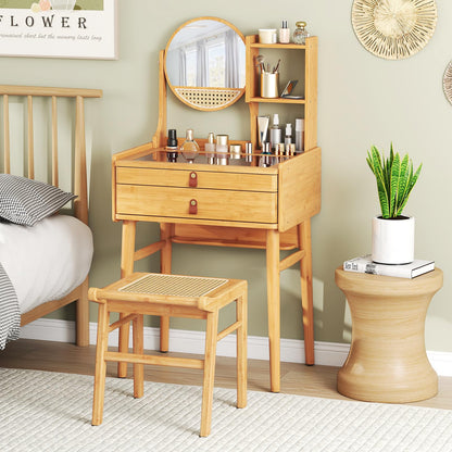 CHEFJOY Boho Vanity Desk with Mirror, Bamboo Makeup Vanity Table & Stool Set w/ 2 Storage Drawers, Hutch Shelves & Tempered Glass Table Top, Small Dressing Table Set for Bedroom