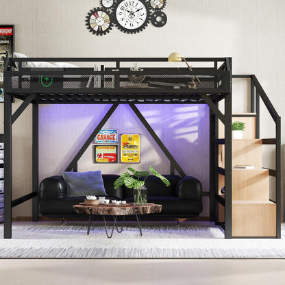 Queen Loft Bed with Stairs and Wardrobe, Queen Size Loft Bed with Charging Station, Lights and Bedside Shelf, Heavy Duty Loft Bed Frame for Adults, Teens, Kids, Noise Free, Natural Wood