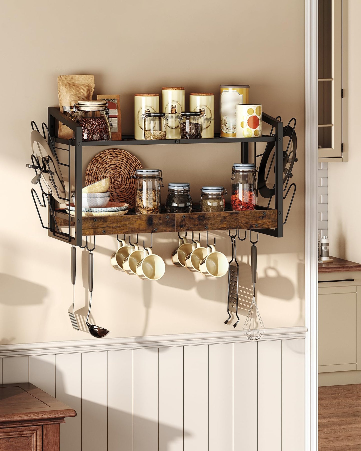 CHOEZON Hanging Pot Rack, Pot Rack Wall Mounted, 2-Tier Kitchen Pot and Lid Organizer, Wall-Mounted Pot Rack with 12 Hooks, for Kitchen Storage of Pots, Pans, Utensils, Rustic Brown TPR02BF