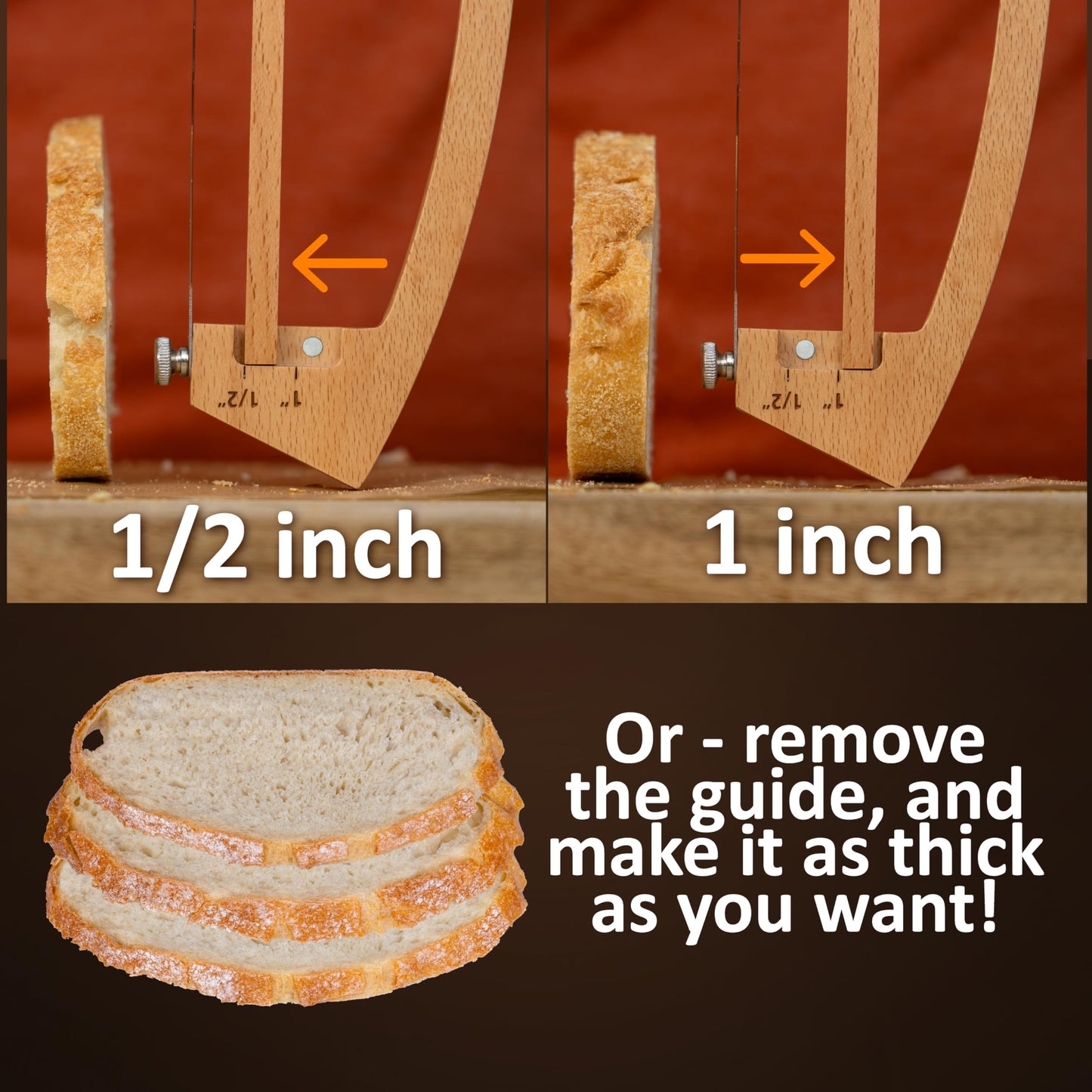 Adjustable Bread Knife for Homemade Bread - Bread Slicer with 1/2-inch and 1-inch Thickness Guides - 17 inch Bread Cutter - Bow Design Easy to Cutting Even Slices for Sourdough Baguettes Sandwiches