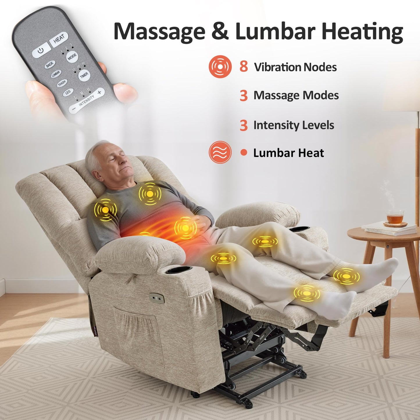 MCombo Power Lift Recliner Chair for Elderly, Lift Chair with Heat and Massage, USB &Type C Ports, Cup Holders, Fabric 7095 (Medium, Beige)