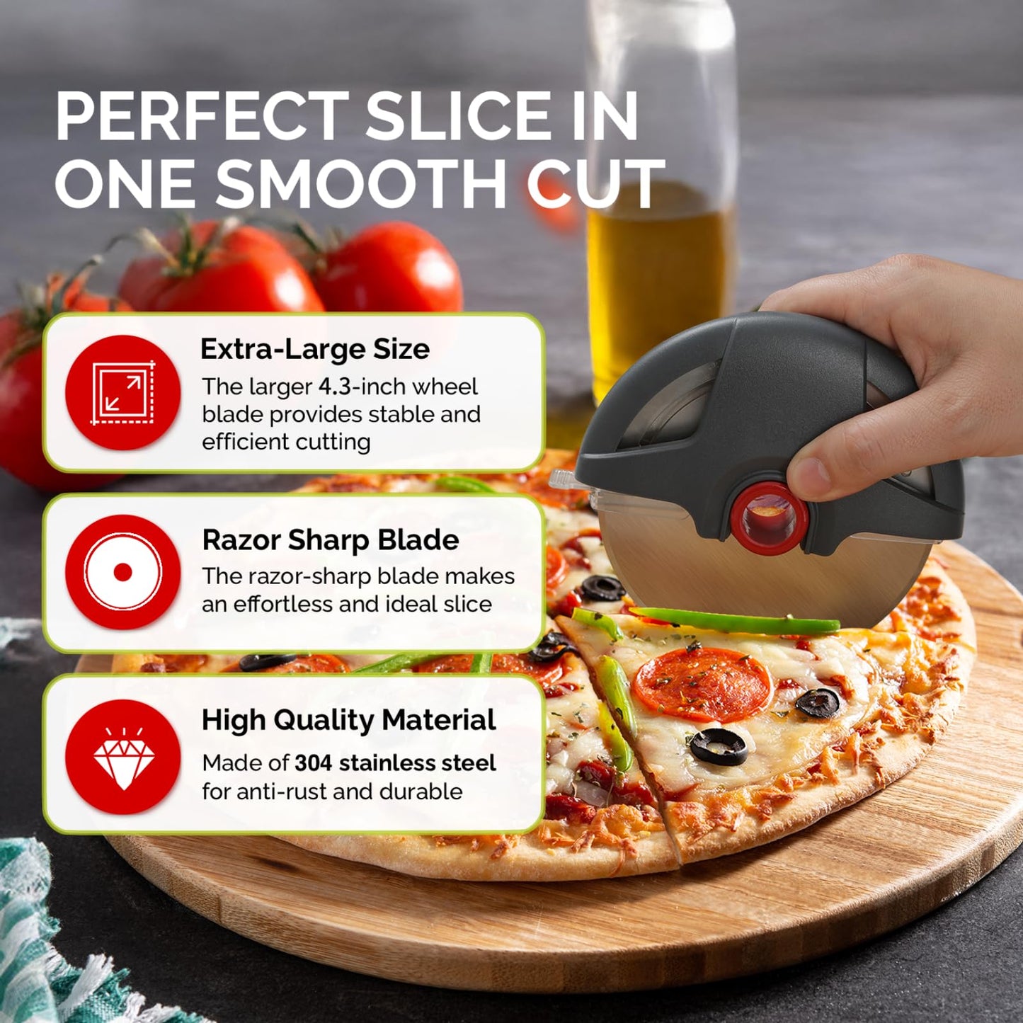 UHIYEE Palm-Grip Pizza Cutter Wheel with Protective Blade Guard, 4.3" Detachable Stainless Steel Pizza Slicer for Deep Dish Crusts, Easy Cleaning, Gray
